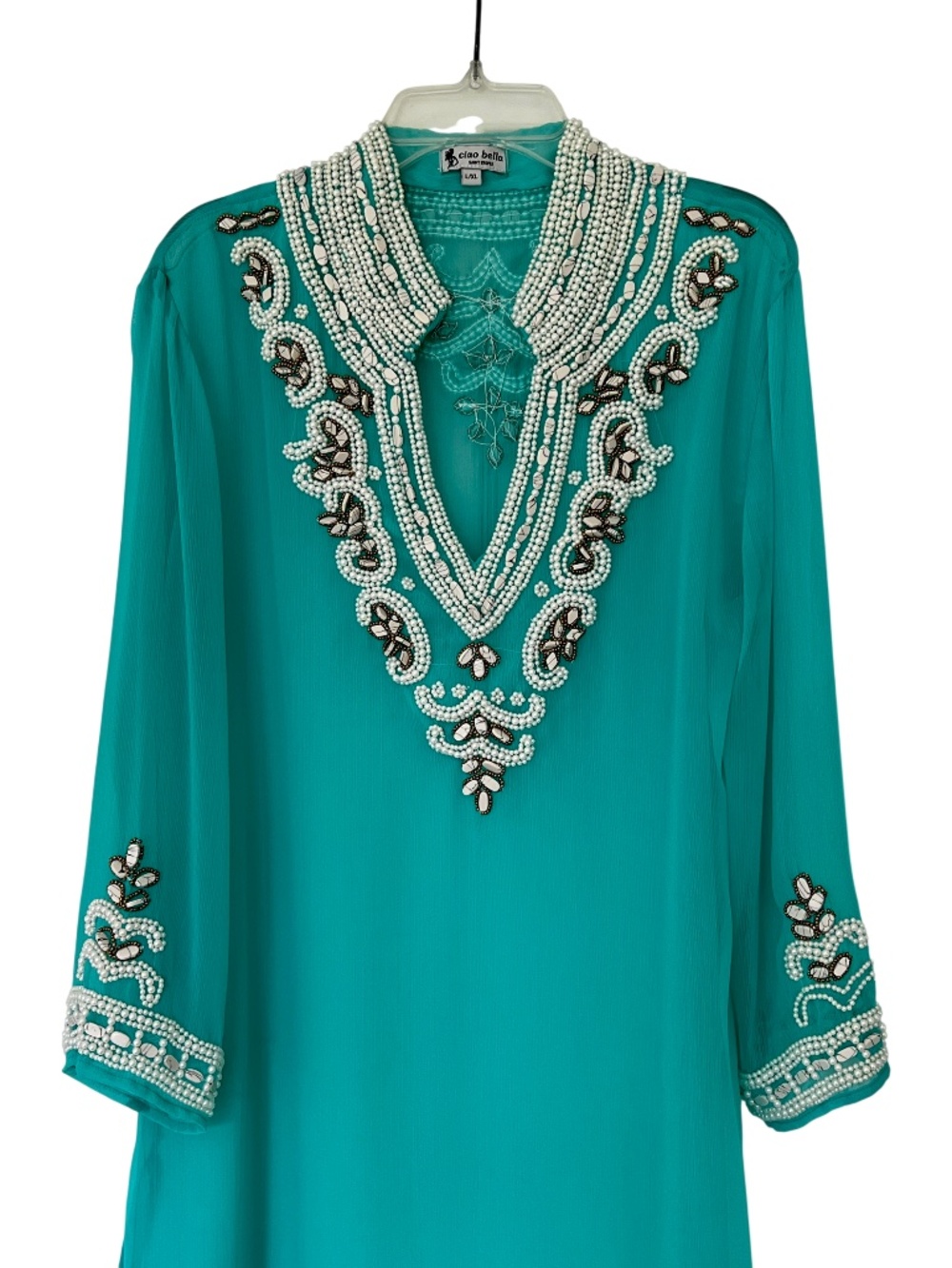 Turquoise Sheer Embellished Resort Tunic Top V Neck Long Sleeve Size M